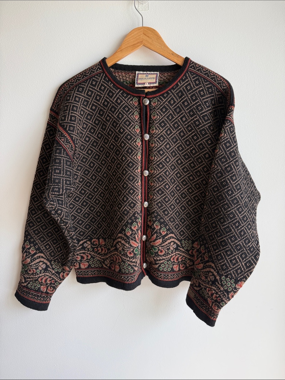Dale of Norway Black and Cream Nordic Knit Cardigan with Red and Green Accents